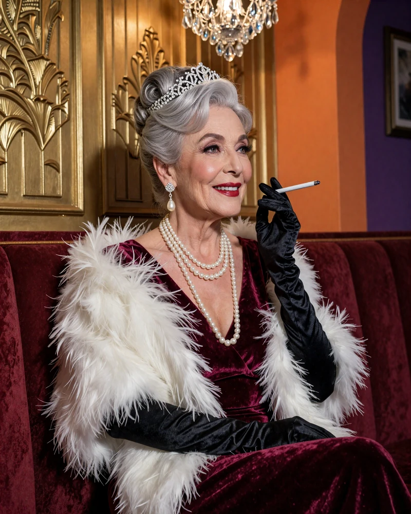 Granny als Hollywood-Diva mit Diamanttiara und Federboa in der VIP-Lounge des SpinGranny Casino